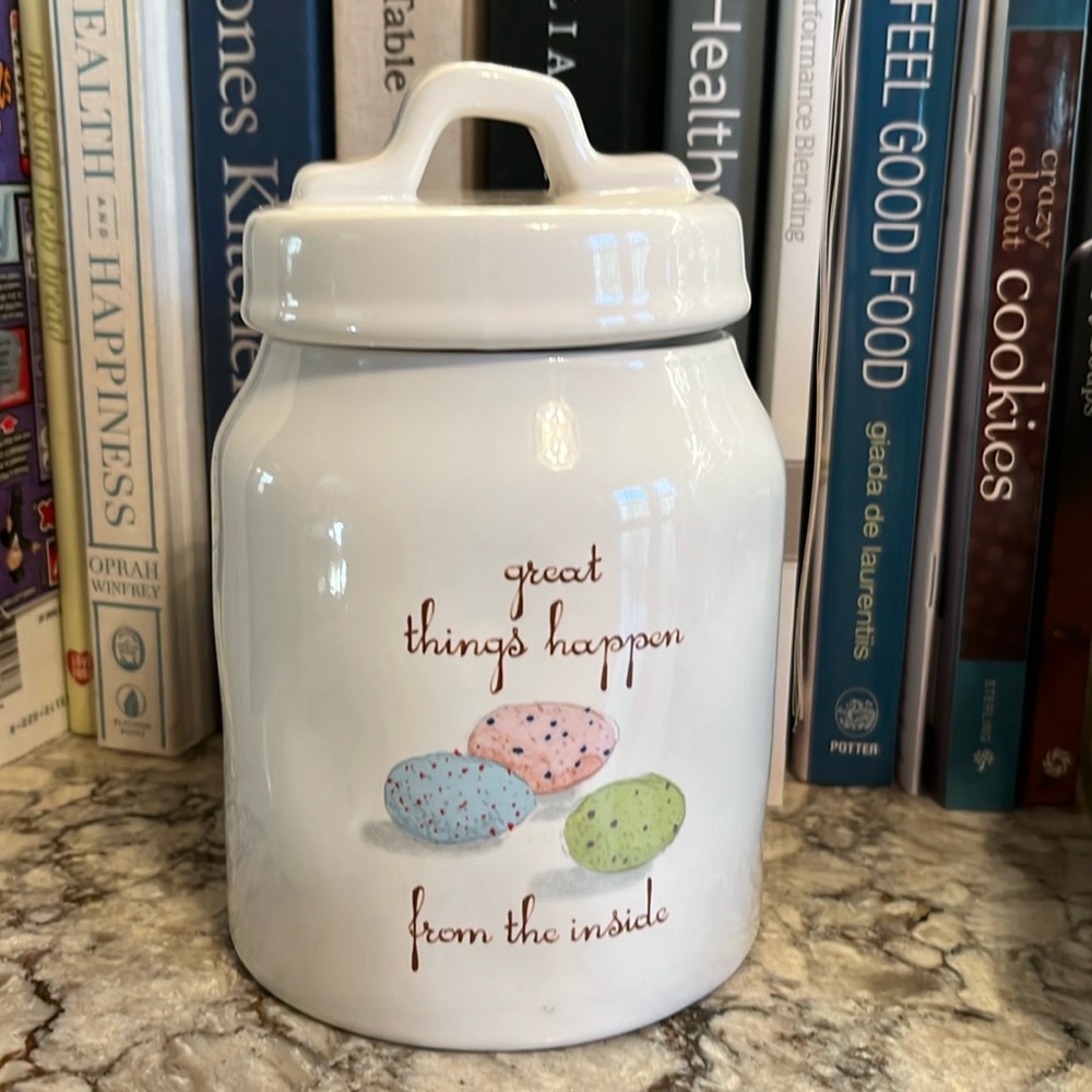 7 inch Rae Dunn storage jar or Decor. “Great things happen from the inside”
